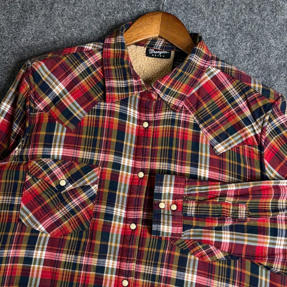 VTG Wrangler Retro Shirt Jacket Mens Large Pearl Snap Flannel Plaid Sherpa Lined